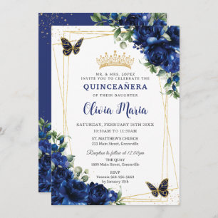 Royal Blue Flowers Floral Quinceñera Butterflies Einladung