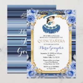 Royal Blue Flowers Gold Quinceanera Einladung