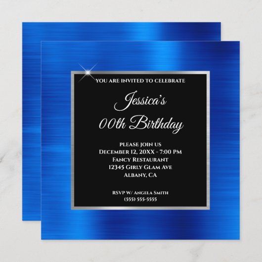 Royal Blue Foil Glam Silver Black Overlay Geburtst Einladung (Vorne/Hinten)