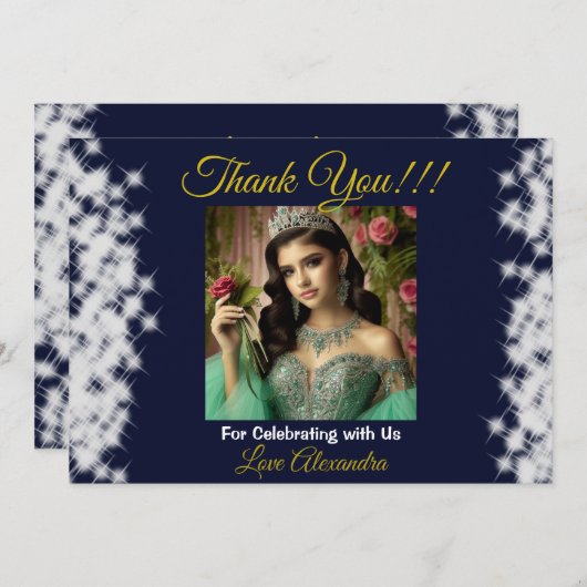 Royal Blue Foto Boho Quinceañera Spanish Gefallen Dankeskarte (Vorne/Hinten)