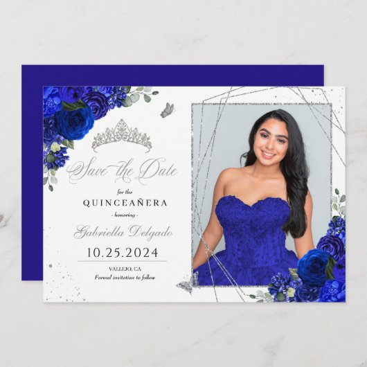 Royal Blue Foto Card Quinceañera Save the Date Einladung (Vorne/Hinten)