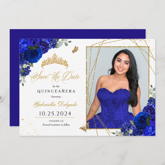 Royal Blue Foto Card Quinceañera Save the Date Einladung (Vorne/Hinten)