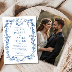 Royal Blue Foto Floral Viktorianisch French Weddin Einladung