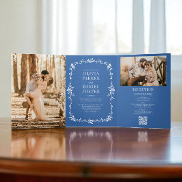 Royal Blue French Viktorianisch QR Code Foto Weddi Dreifach Gefaltete Einladung