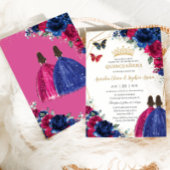 Royal Blue Fuchsia Pink Floral Twins Quinceñera Einladung