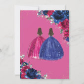 Royal Blue Fuchsia Pink Floral Twins Quinceñera Einladung (Rückseite)