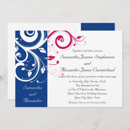 Royal Blue/Fuchsia Swirl Wedding Einladung (Vorne/Hinten)