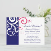 Royal Blue, Fuchsia und White Swirl Brautparty Einladung (Stehend Vorderseite)