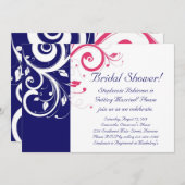 Royal Blue, Fuchsia und White Swirl Brautparty Einladung (Vorne/Hinten)