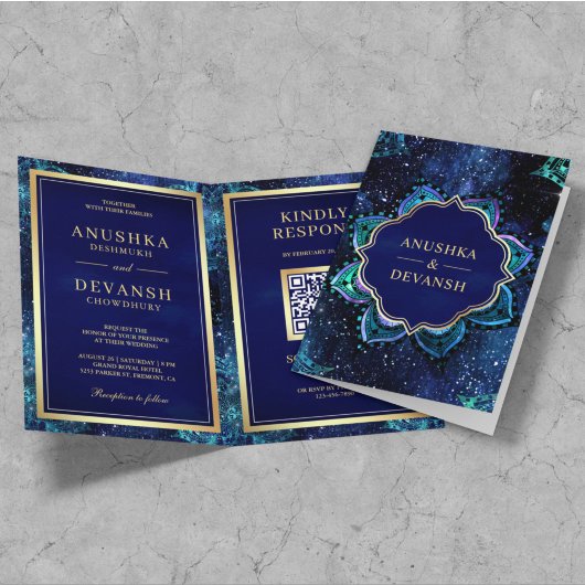 Royal Blue Galaxy Mandala QR Code Indian Wedding Einladung