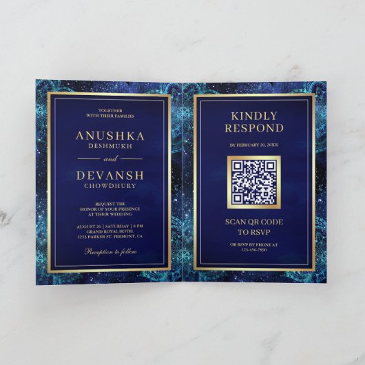 Royal Blue Galaxy Mandala QR Code Indian Wedding Einladung (Innenseite)