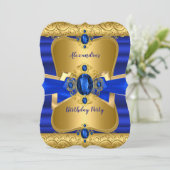 Royal Blue Gem Gold Bow Birthday Party Einladung (Stehend Vorderseite)