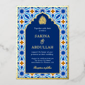 Royal Blue Geometric Islamic Wedding Gold Folieneinladung (Vorderseite)