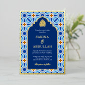 Royal Blue Geometric Islamic Wedding Gold Folieneinladung (Stehend vorne)