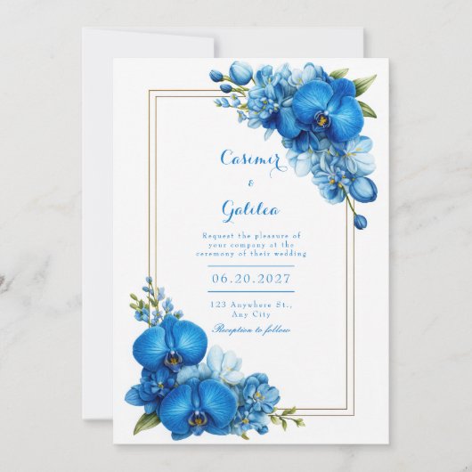 Royal Blue Gilded Botanical Orchid Wedding Einladung (Vorderseite)