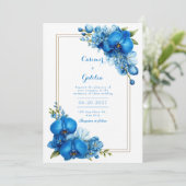 Royal Blue Gilded Botanical Orchid Wedding Einladung (Stehend Vorderseite)