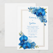 Royal Blue Gilded Botanical Orchid Wedding Einladung (Vorne/Hinten)
