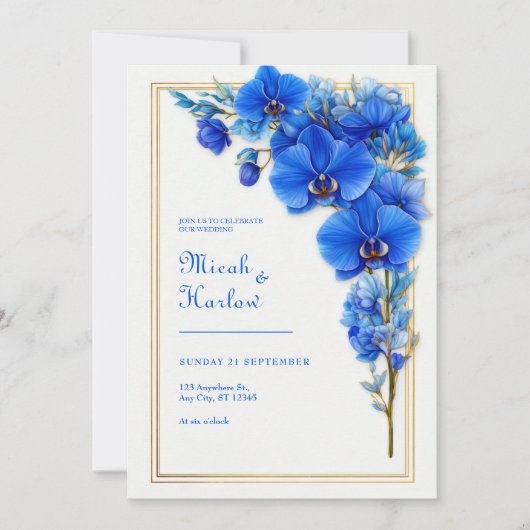 Royal Blue Gilded Orchid Wedding Einladung (Vorderseite)