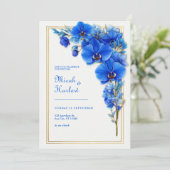 Royal Blue Gilded Orchid Wedding Einladung (Stehend Vorderseite)