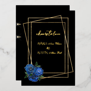 Royal Blue Glam Rose und Black and Gold Folieneinladung