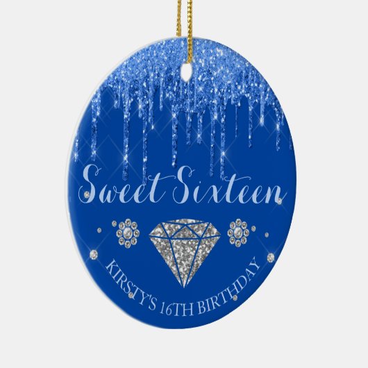 Royal Blue Glitter Drip Diamond Sweet Sixteen Keramik Ornament (Rechts)