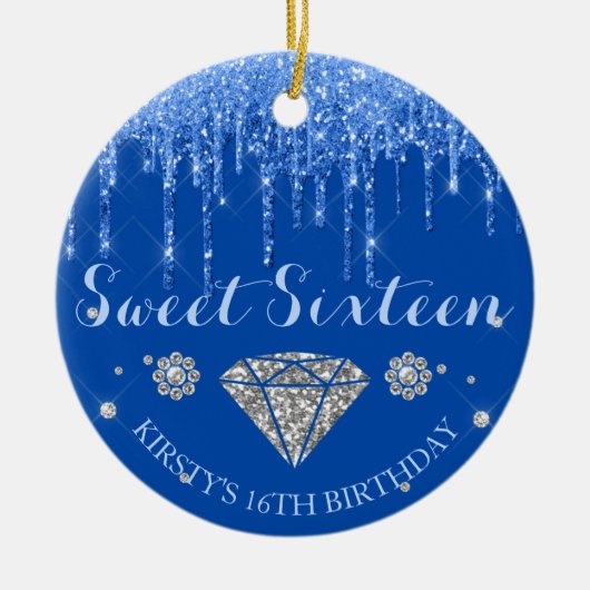 Royal Blue Glitter Drip Diamond Sweet Sixteen Keramik Ornament (Vorne)
