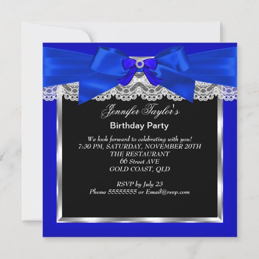 Royal Blue Glitzer High Heel Silver Birthday Party Einladung (Rückseite)