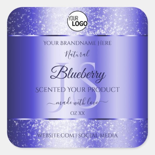 Royal Blue Glitzer Product Labels Monogram Logo Quadratischer Aufkleber (Vorderseite)