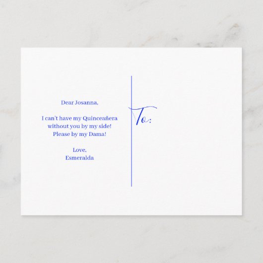 Royal Blue Glitzer Quinceañera Dama Vorschlag Einladungspostkarte (Rückseite)