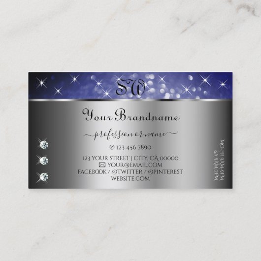 Royal Blue Glitzer SparkStars Diamonds Monogram Visitenkarte (Rückseite)