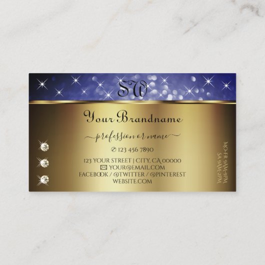 Royal Blue Glitzer Stars Diamonds Initials Gold Visitenkarte (Rückseite)