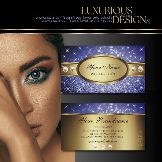 Royal Blue Glitzer Stars Diamonds Shimmery Gold Visitenkarte