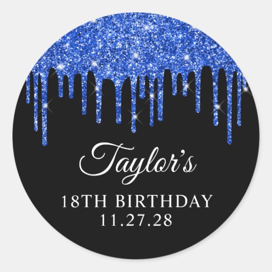 Royal Blue Glitzer Tropfen auf Black 18. Geburtsta Runder Aufkleber (Vorderseite)