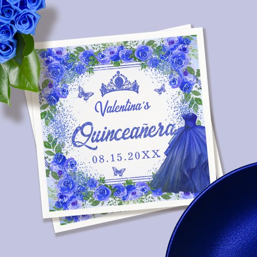 Royal Blue Glitzern floral Quinceanera Party Serviette