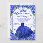 Royal Blue Glitzern Floral Sparkle Quinceanera Einladung (Vorderseite)
