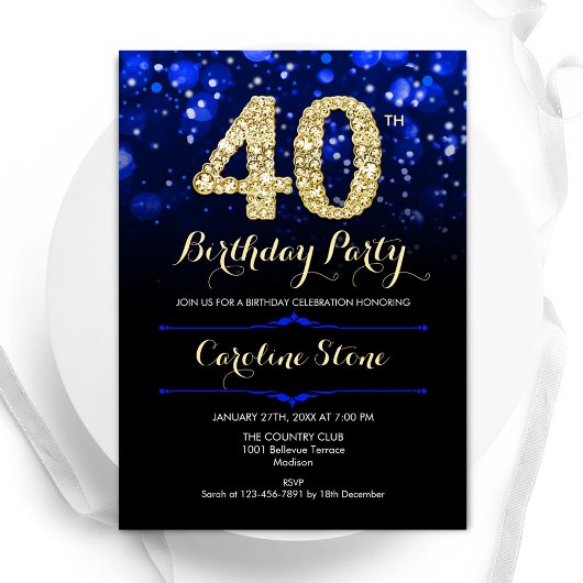 Royal Blue Gold 40. Geburtstag Einladung