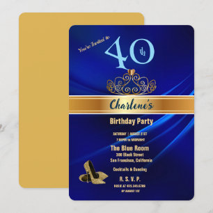 Royal Blue & Gold 40. Geburtstag Party Einladung