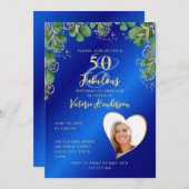 Royal Blue & Gold 50 & Fabulous Greenery Geburtsta Einladung (Vorne/Hinten)