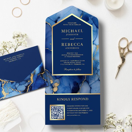 Royal Blue Gold Abstrakt Fluid Ink QR Code Wedding All In One Einladung