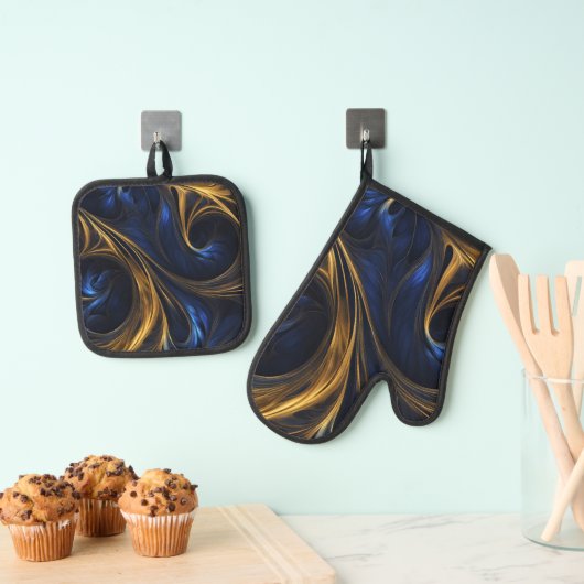 Royal Blue Gold Abstrakt Swirl Ofenhandschuh & Topflappen-Set (Insitu (Hängend))