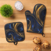 Royal Blue Gold Abstrakt Swirl Ofenhandschuh & Topflappen-Set (Oben Unten)