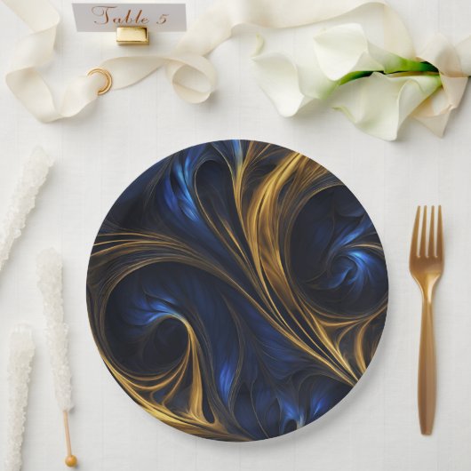 Royal Blue Gold Abstrakt Swirl Pappteller (Hochzeit)