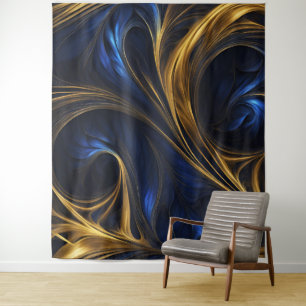 Royal Blue Gold Abstrakt Swirl Wandteppich