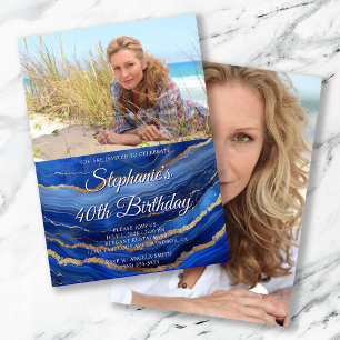 Royal Blue Gold Agate Elegant Foto 40. Geburtstag Einladung