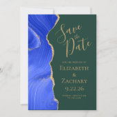 Royal Blue Gold Agate Emerald Green Save the Date Einladung (Vorderseite)
