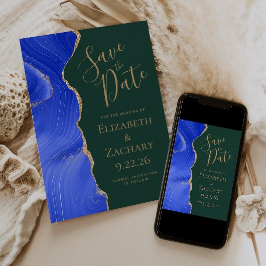 Royal Blue Gold Agate Emerald Green Save the Date Einladung