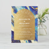 Royal Blue Gold Arch Wedding Foto Save the Date (Stehend Vorderseite)