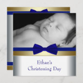 Royal Blue Gold Baby Boy Foto Christening Einladung (Vorne/Hinten)
