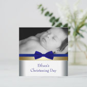 Royal Blue Gold Baby Boy Foto Christening Einladung (Stehend Vorderseite)