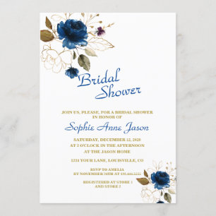 Royal Blue Gold Blume Monogram Brautparty Einladung